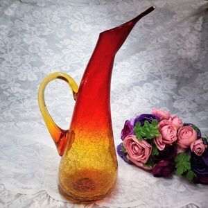 Vintage Kanawha Amberina Crackle Glass Pitcher MCM Hand-Blown Art Glass 12"